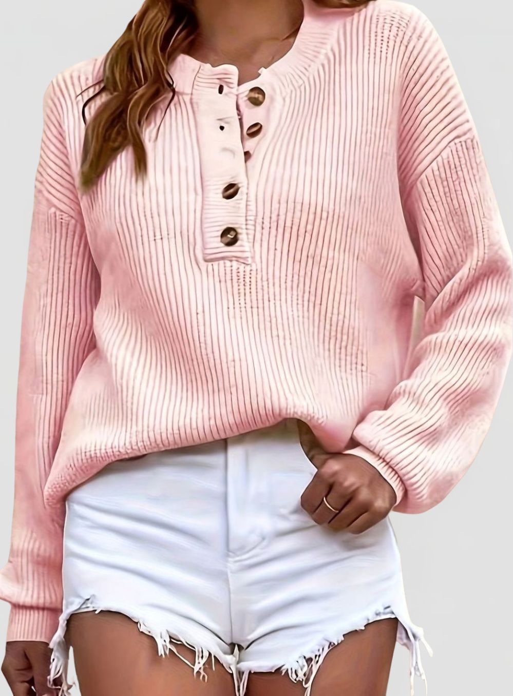 Women's Ribbed Knit Jumper with Henley Button Neckline