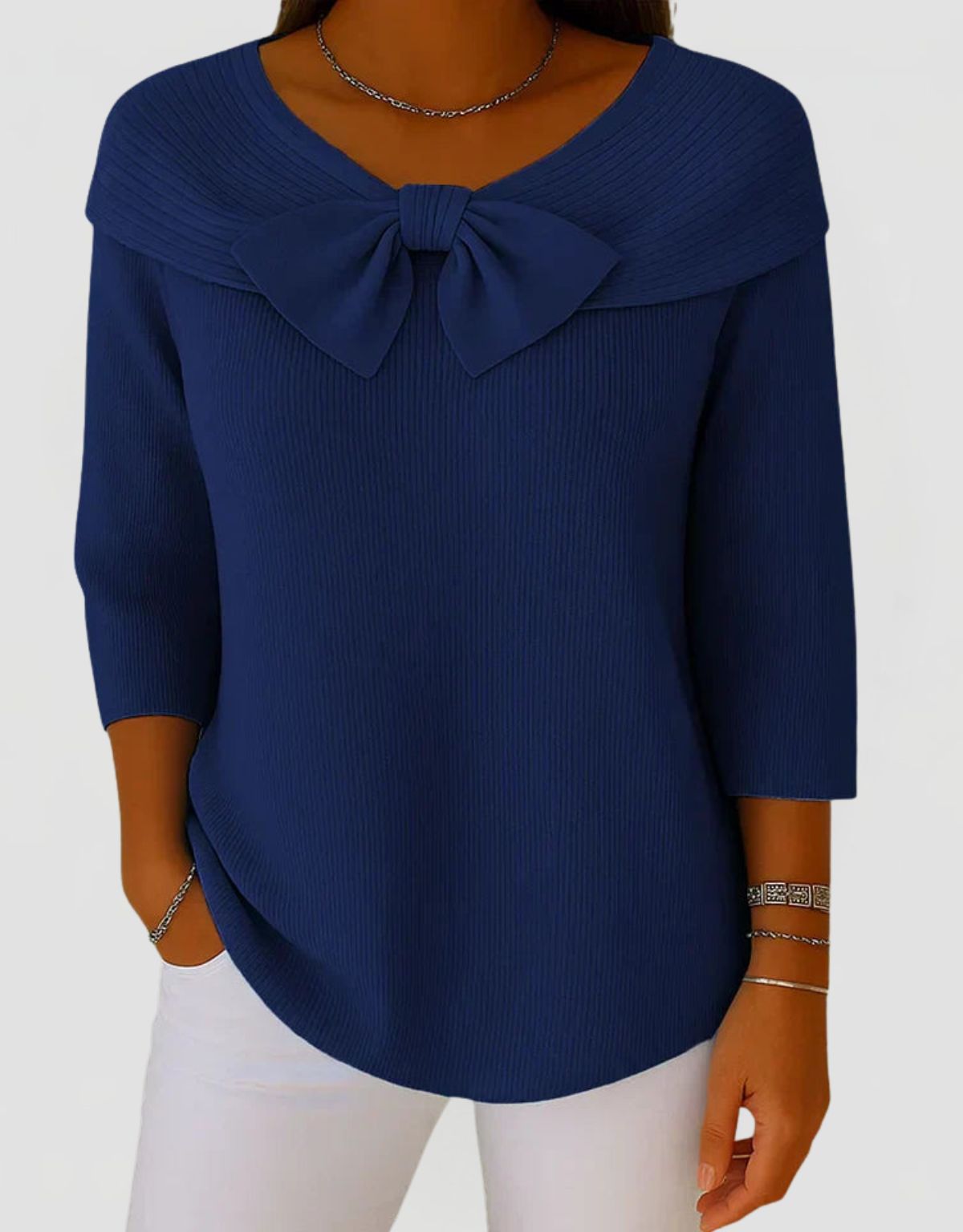 Women's Ribbed Knit Top with Bow Detail and Three-Quarter Sleeves