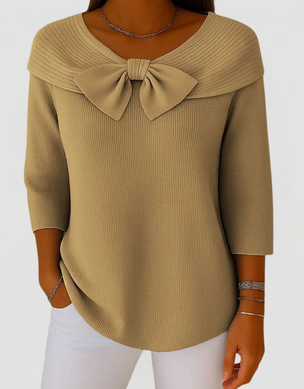 Women's Ribbed Knit Top with Bow Detail and Three-Quarter Sleeves