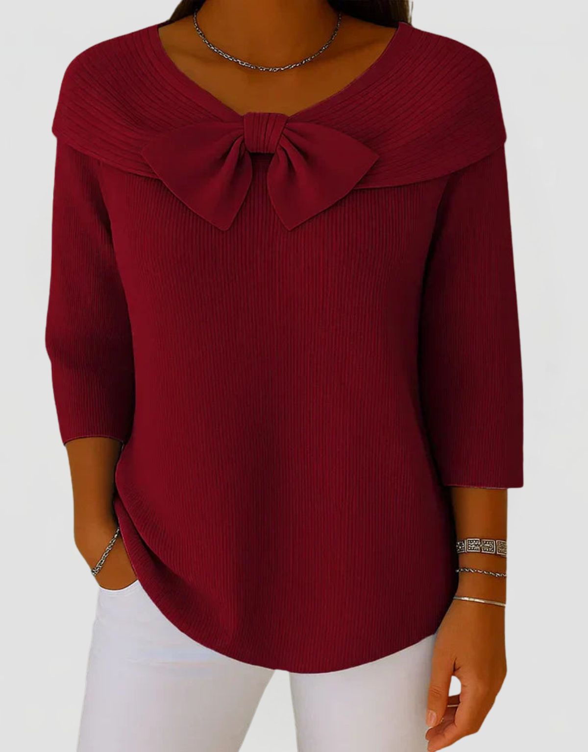 Women's Ribbed Knit Top with Bow Detail and Three-Quarter Sleeves