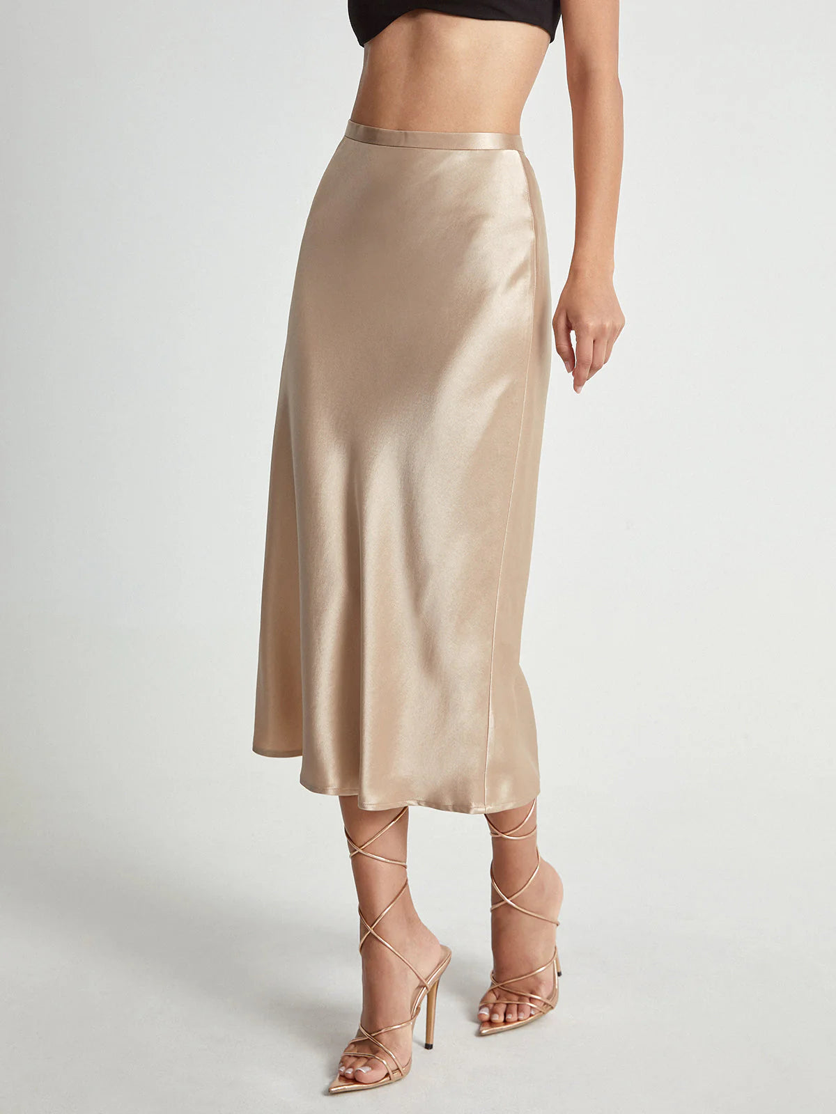 Women's Satin Look Midi Skirt with A-Line Silhouette and High Waist