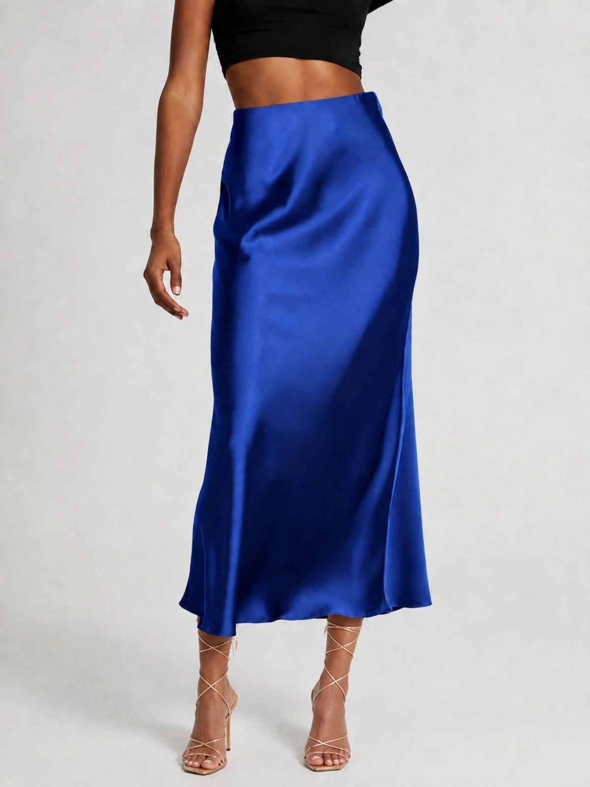 Women's Satin Look Midi Skirt with A-Line Silhouette and High Waist