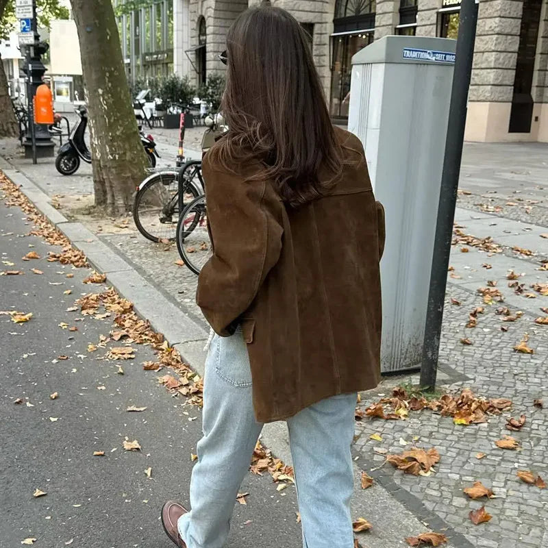 Womenâs Suede-Look Blazer with Front Buttons and Pockets