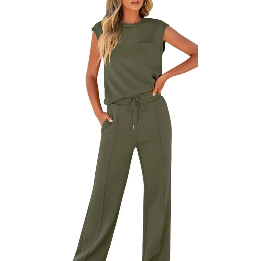Women's Summer Two Piece Set with Sleeveless Top and Wide Leg Trousers