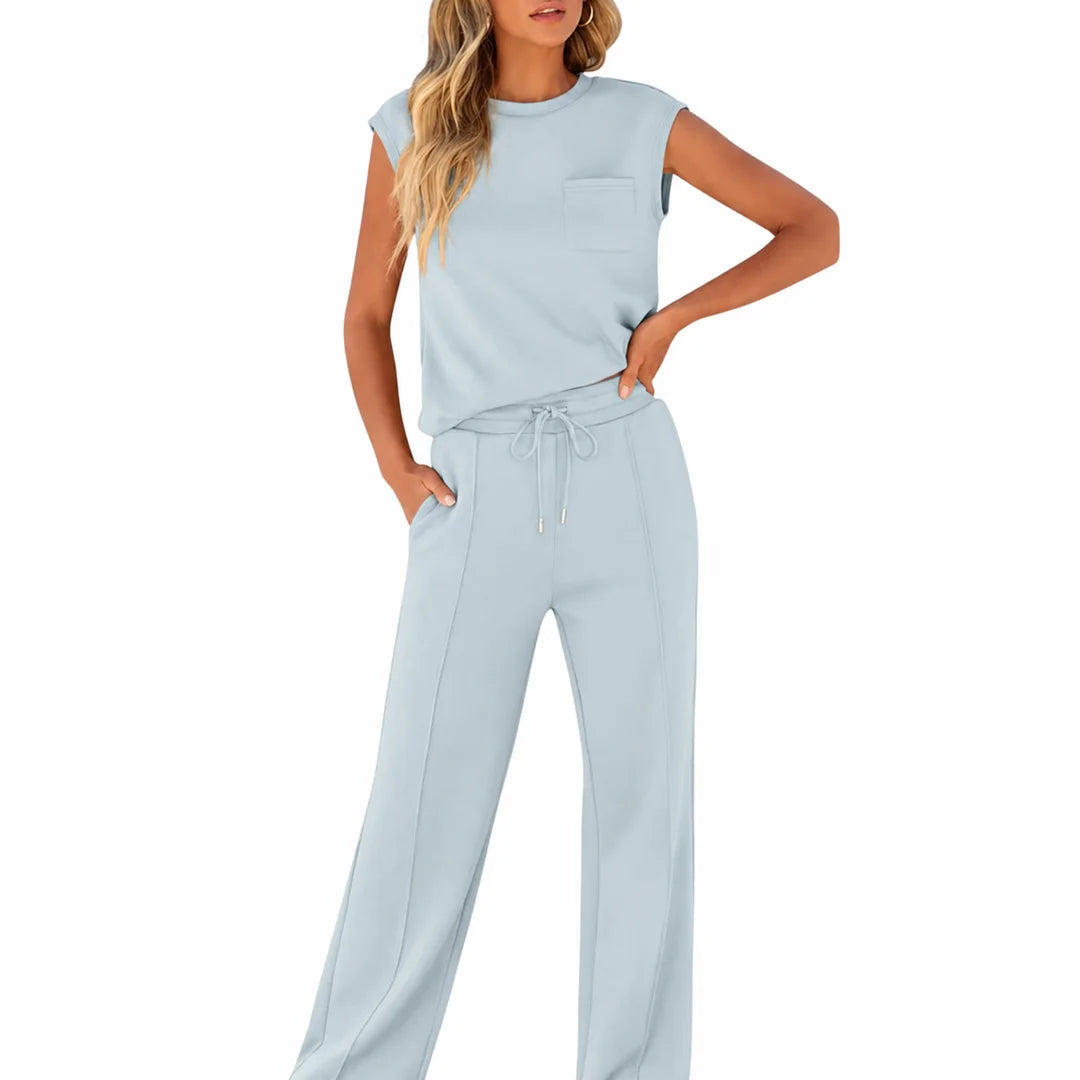 Women's Summer Two Piece Set with Sleeveless Top and Wide Leg Trousers