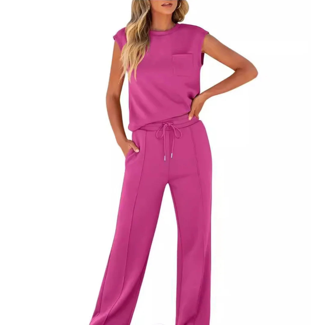 Women's Summer Two Piece Set with Sleeveless Top and Wide Leg Trousers