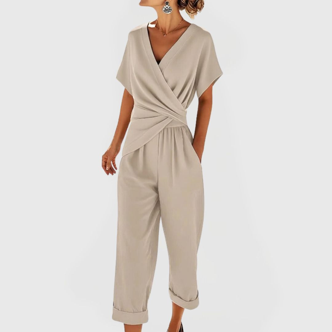 Women's Summer Two Piece Set with Wrap Top and Wide Leg Trousers