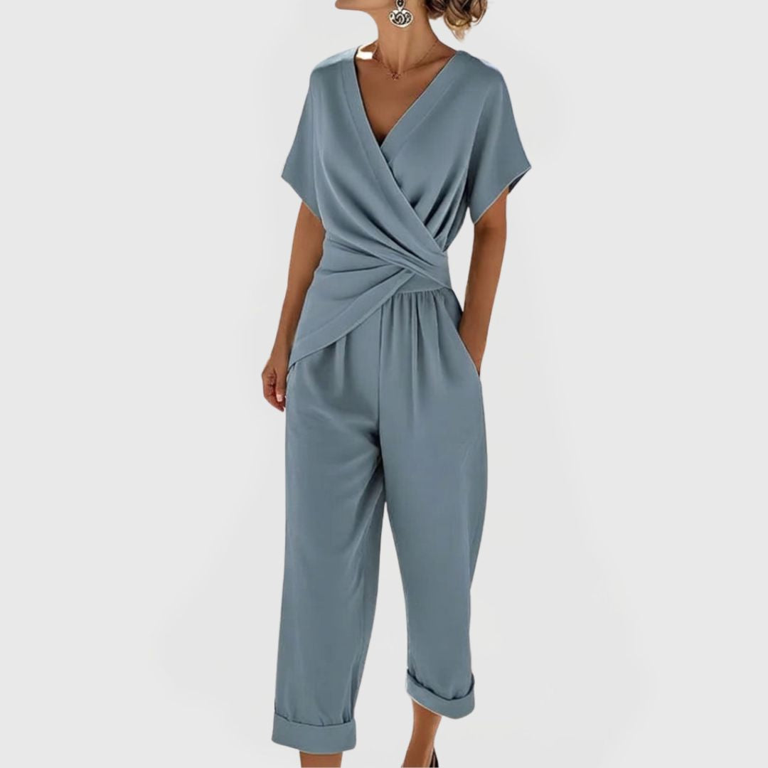 Women's Summer Two Piece Set with Wrap Top and Wide Leg Trousers