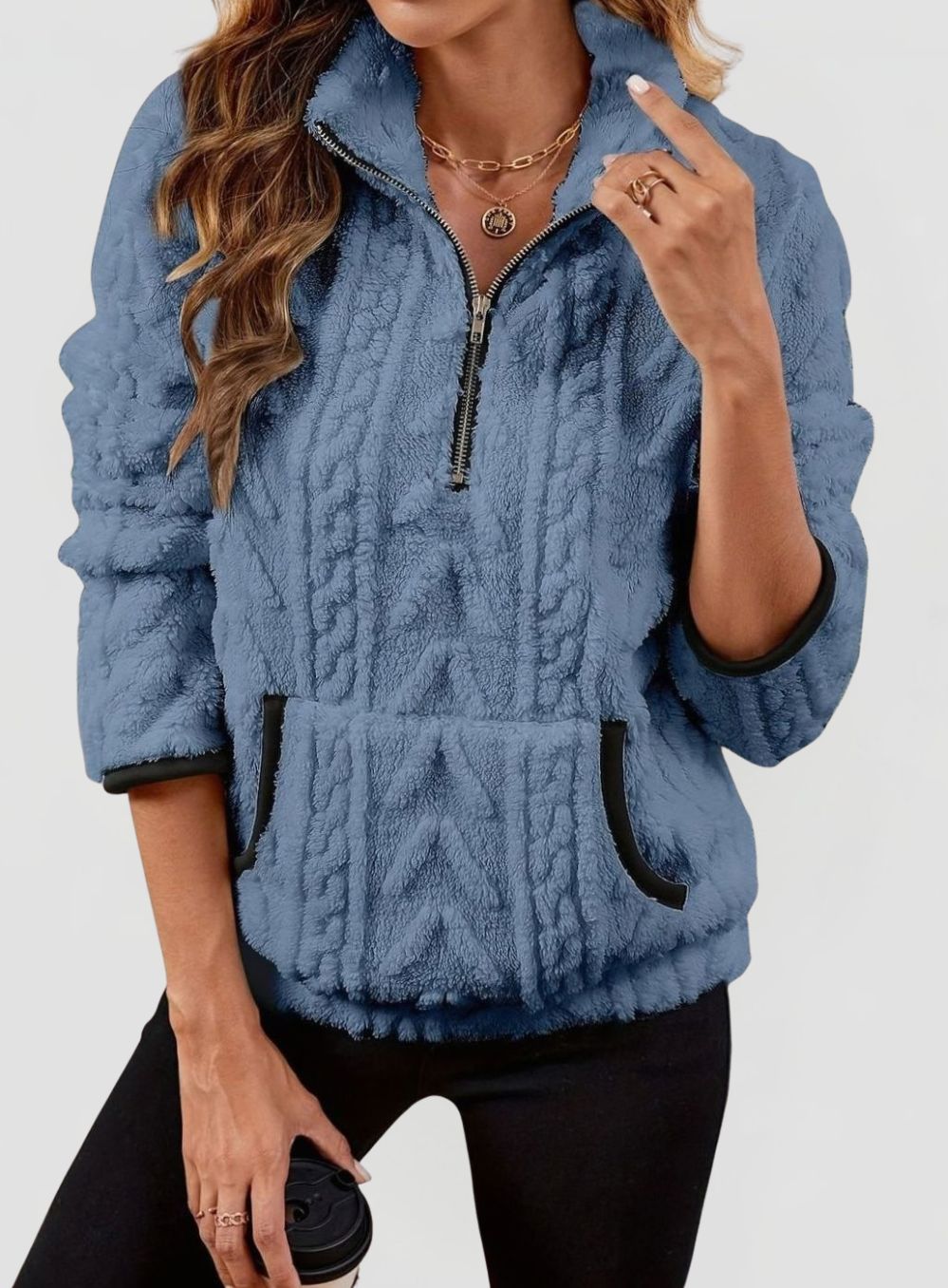 Women’s Textured Fleece Half-Zip Pullover with Kangaroo Pocket