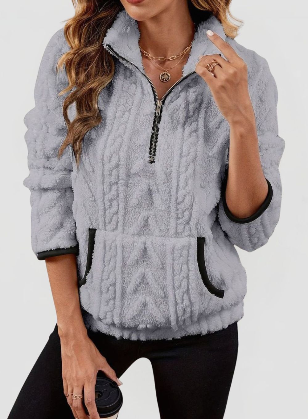 Women’s Textured Fleece Half-Zip Pullover with Kangaroo Pocket