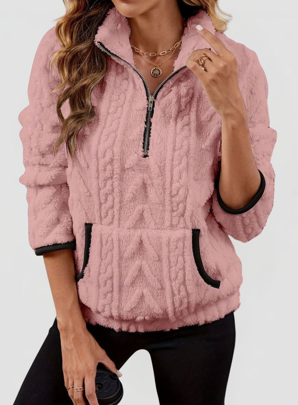Women’s Textured Fleece Half-Zip Pullover with Kangaroo Pocket