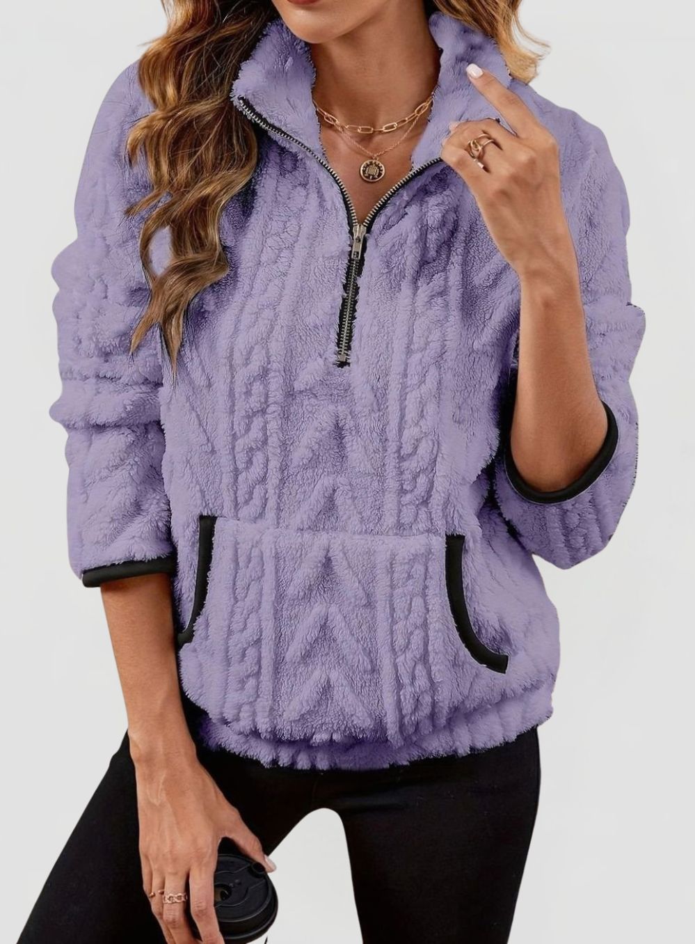 Women’s Textured Fleece Half-Zip Pullover with Kangaroo Pocket