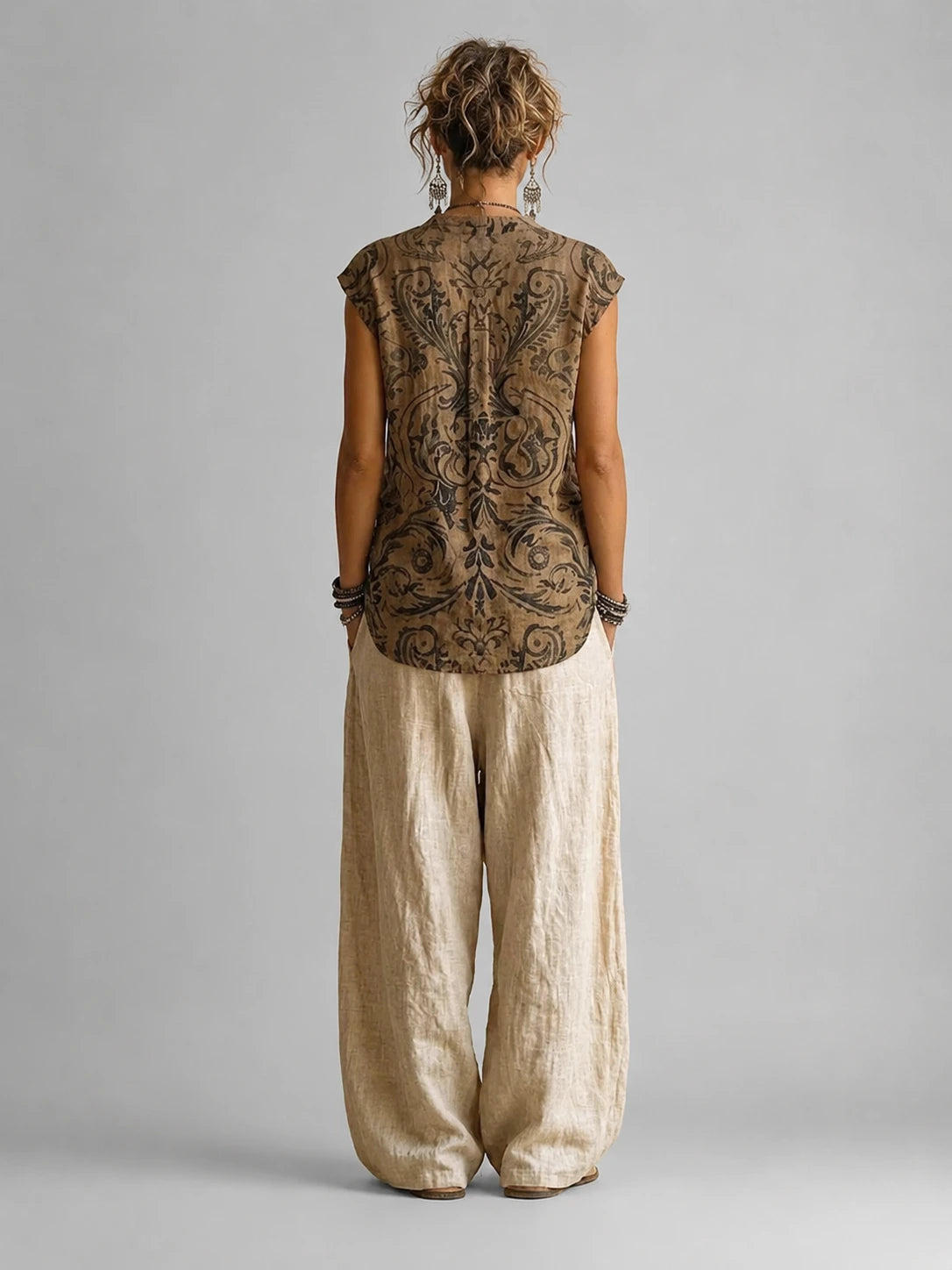Women's Three Piece Linen Mix Set with Top, Cardigan and Wide Leg Trousers