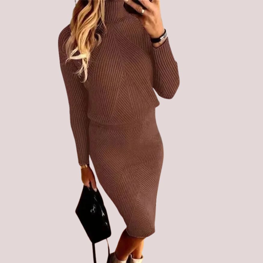 Women’s Two-Piece Knit Set with Turtleneck Sweater and Skirt