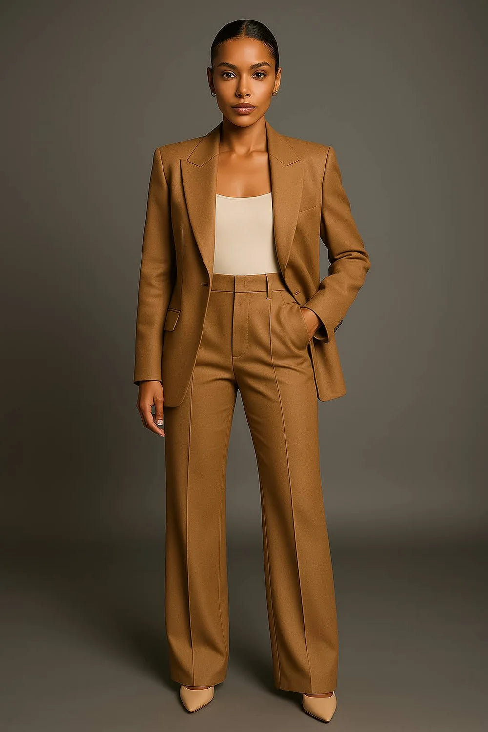 Women's Two Piece Blazer and Wide Leg Trousers Set with Button Closure
