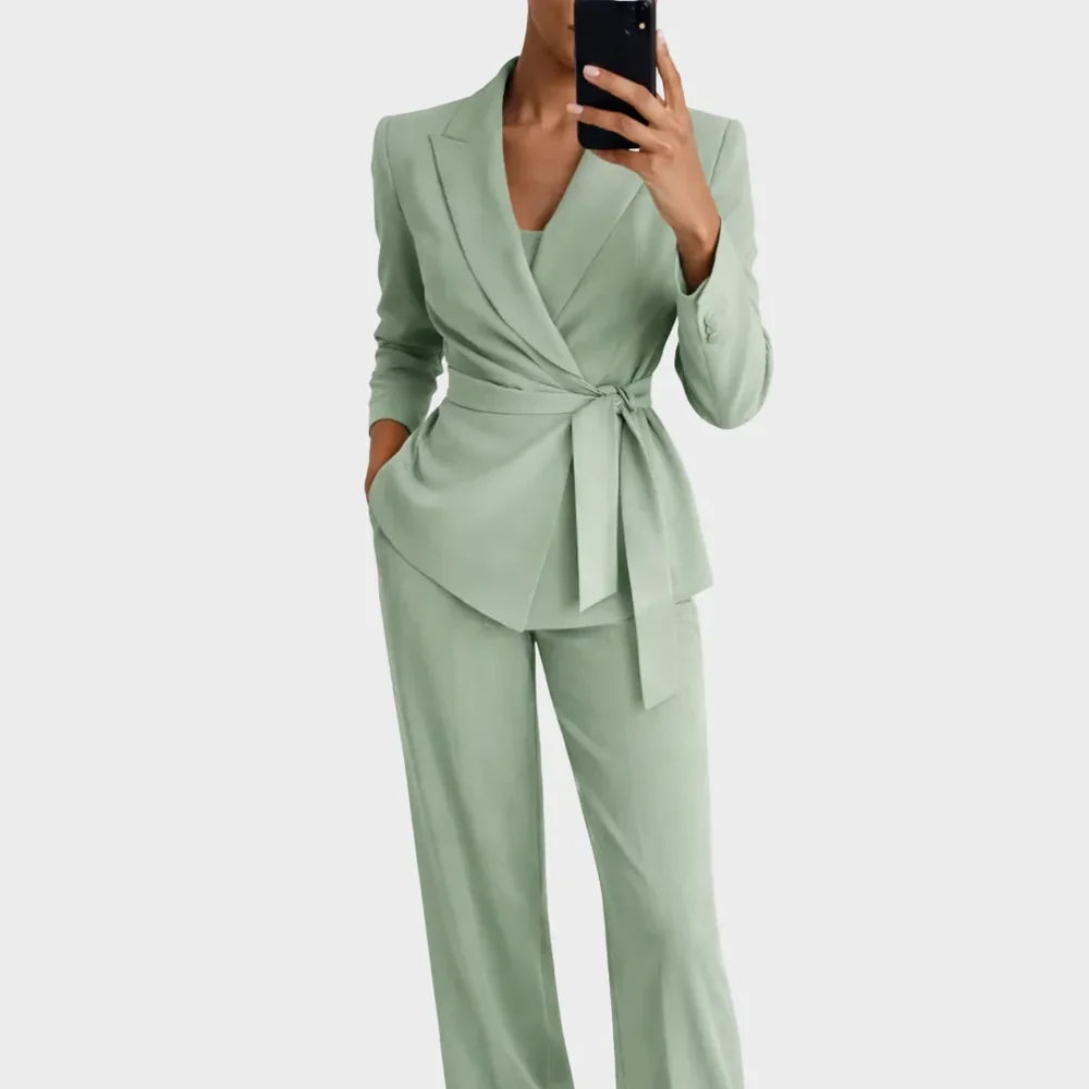 Women's Two Piece Blazer and Wide Leg Trousers Set with Tie Waist