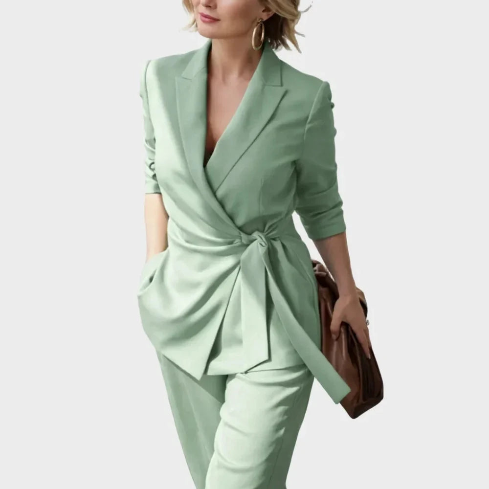 Women's Two Piece Blazer and Wide Leg Trousers Set with Tie Waist