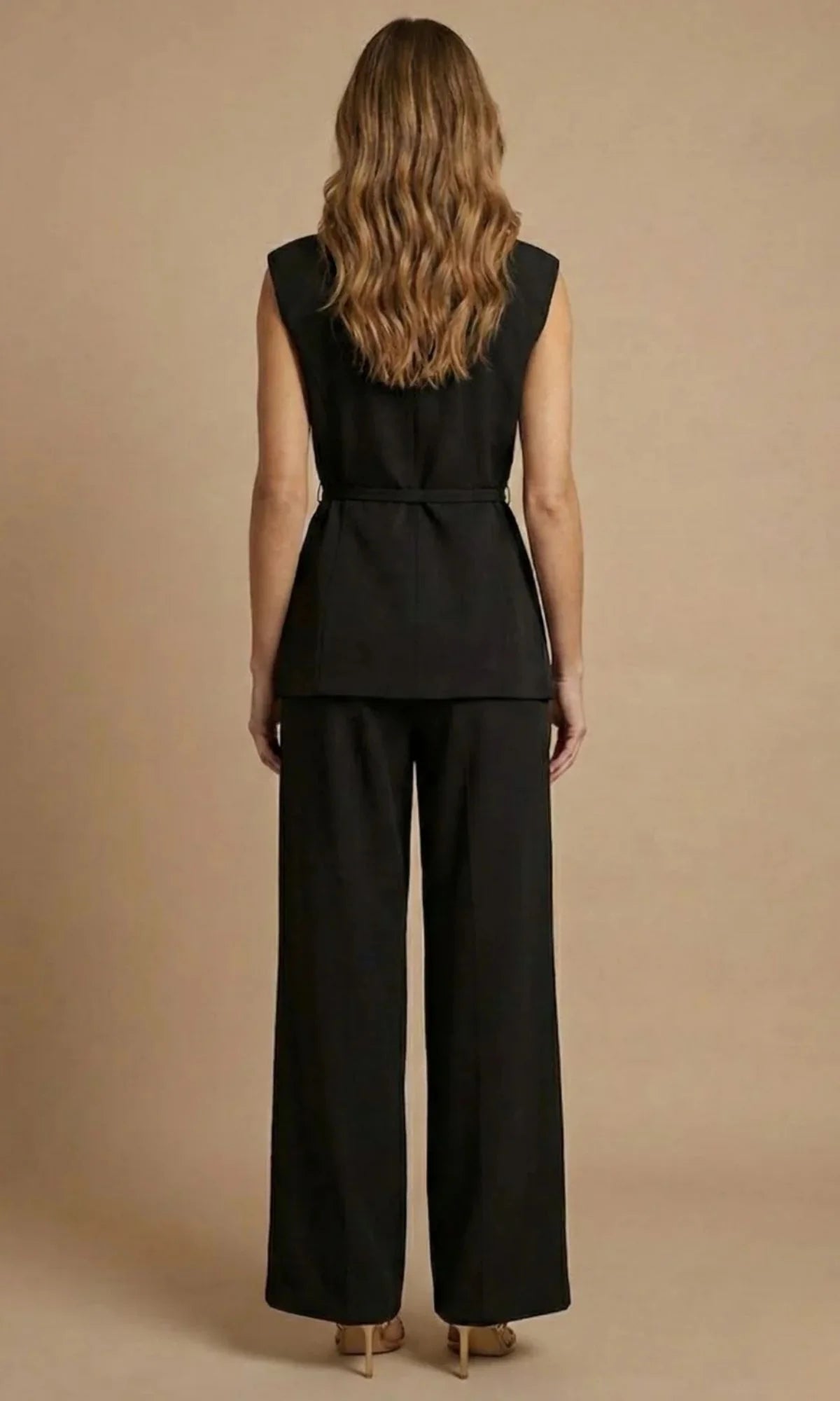 Women's Two Piece Set with Belted Sleeveless Top and Wide Leg Trousers