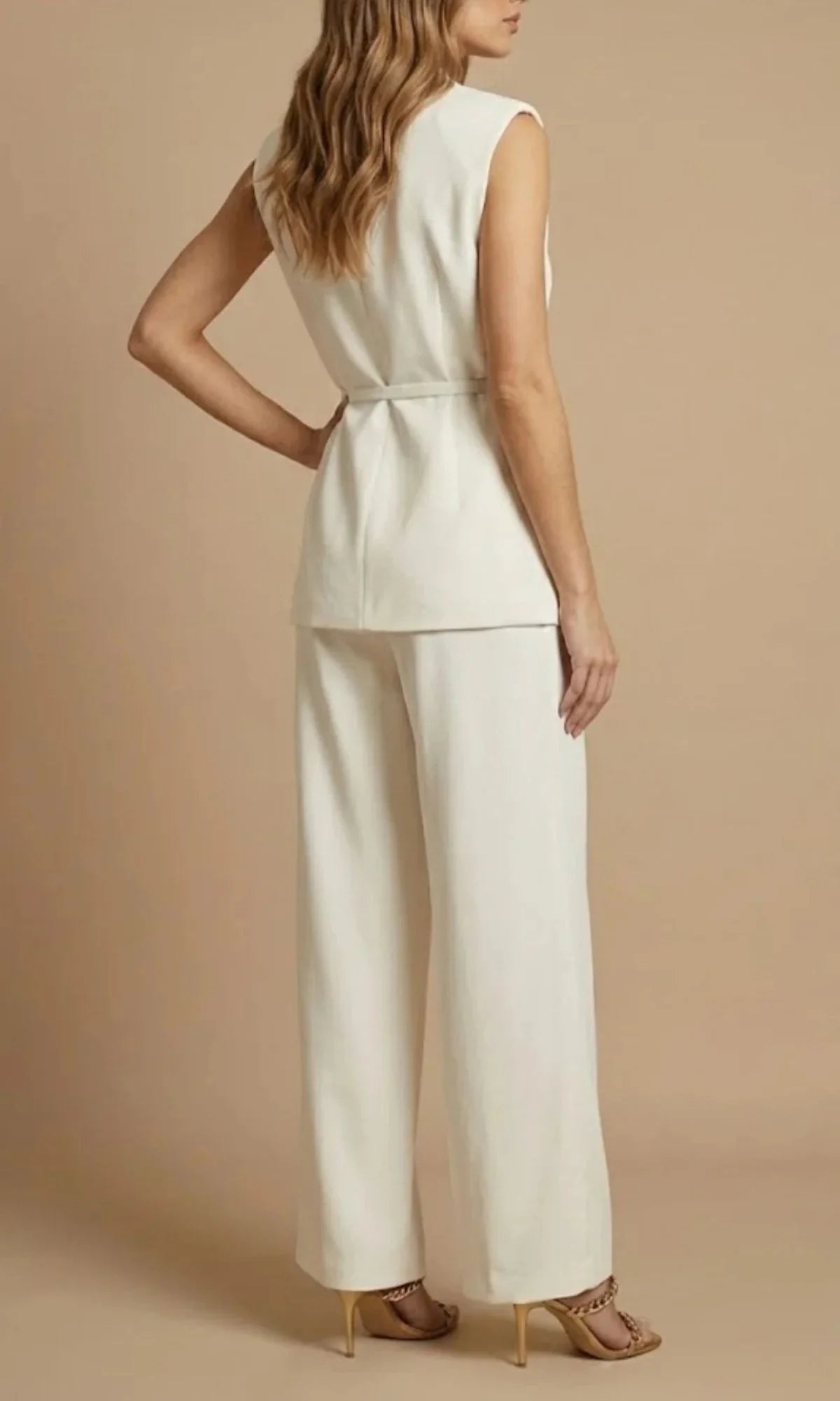 Women's Two Piece Set with Belted Sleeveless Top and Wide Leg Trousers