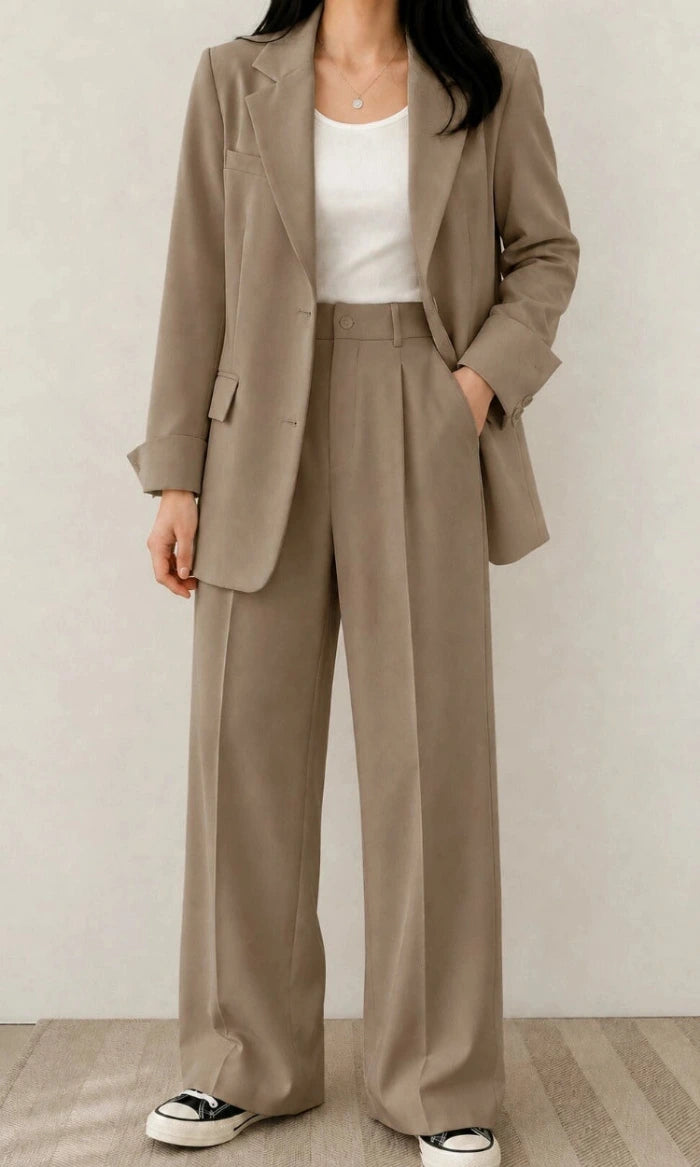 Women's Two Piece Set with Blazer and High Waist Wide Leg Trousers