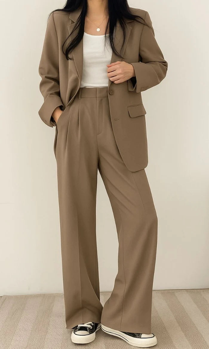 Women's Two Piece Set with Blazer and High Waist Wide Leg Trousers