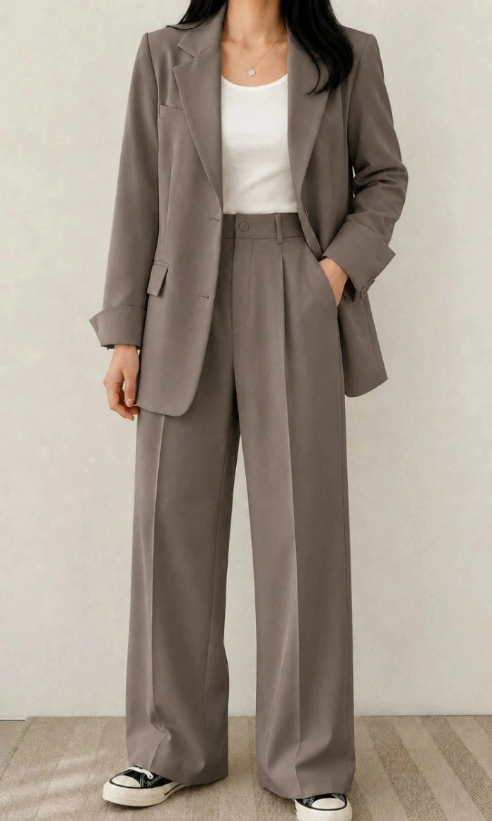Women's Two Piece Set with Blazer and High Waist Wide Leg Trousers