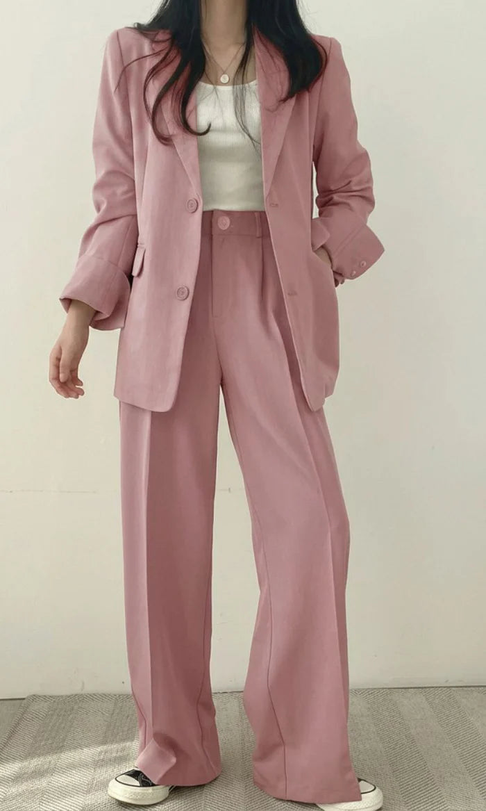 Women's Two Piece Set with Blazer and High Waist Wide Leg Trousers