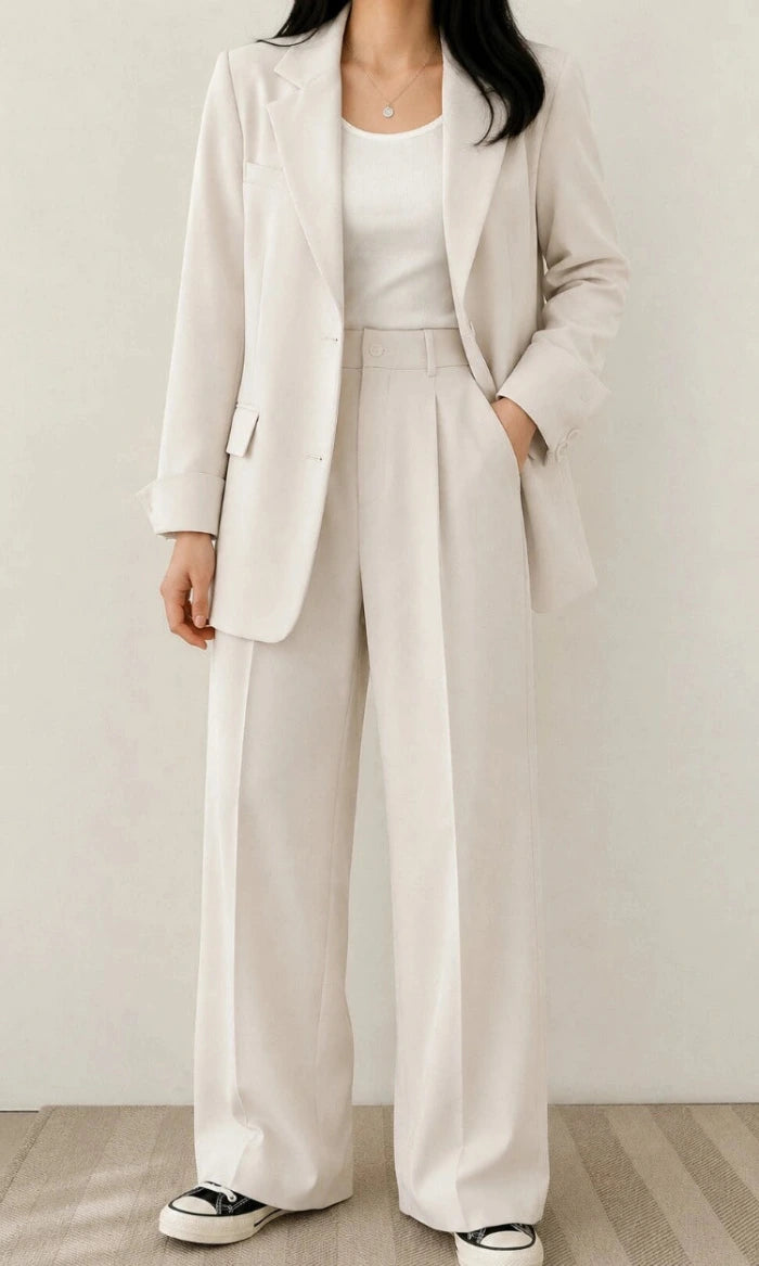 Women's Two Piece Set with Blazer and High Waist Wide Leg Trousers
