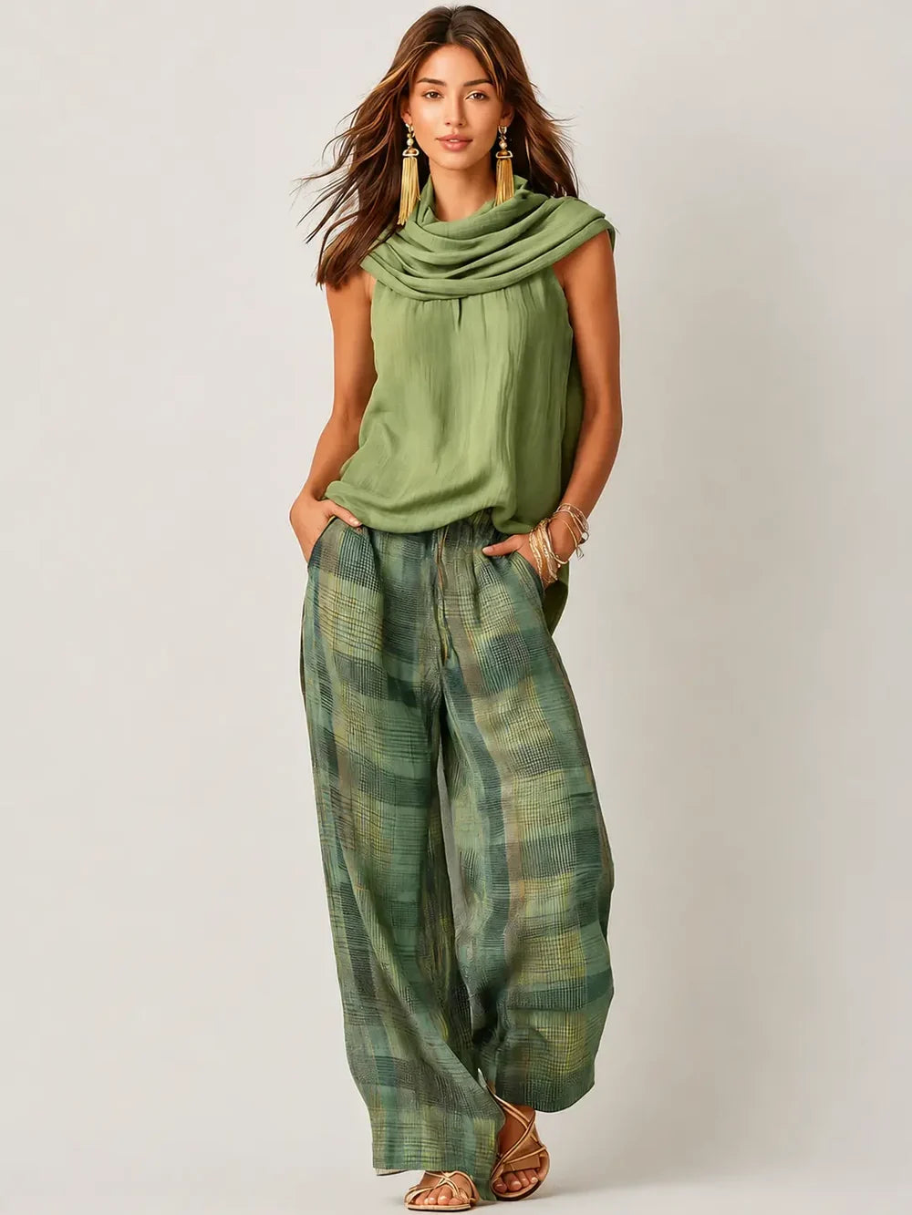 Women's Two Piece Set with Cowl Neckline Top and Wide Leg Trousers