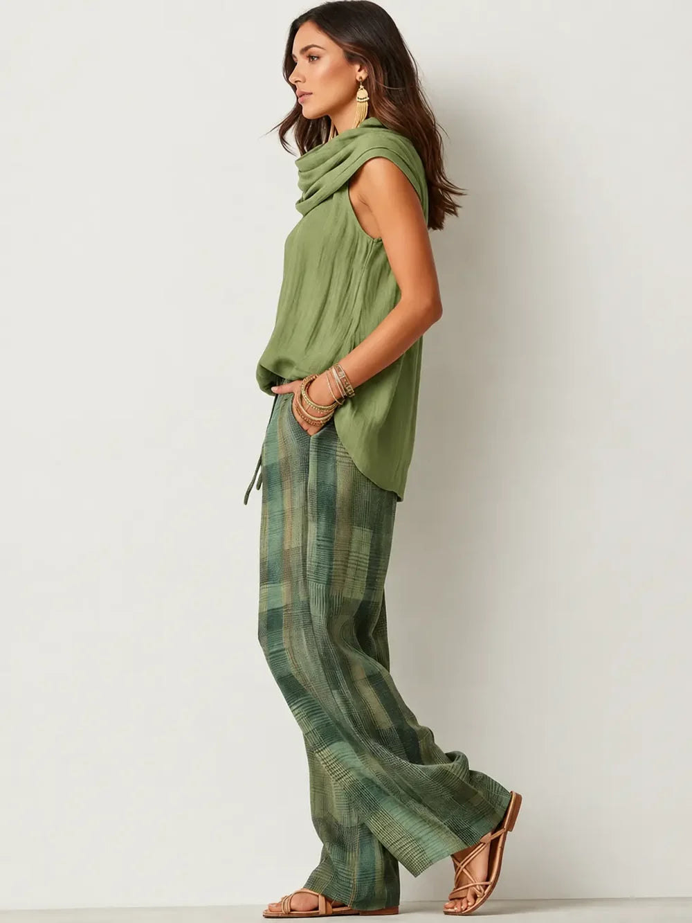 Women's Two Piece Set with Cowl Neckline Top and Wide Leg Trousers
