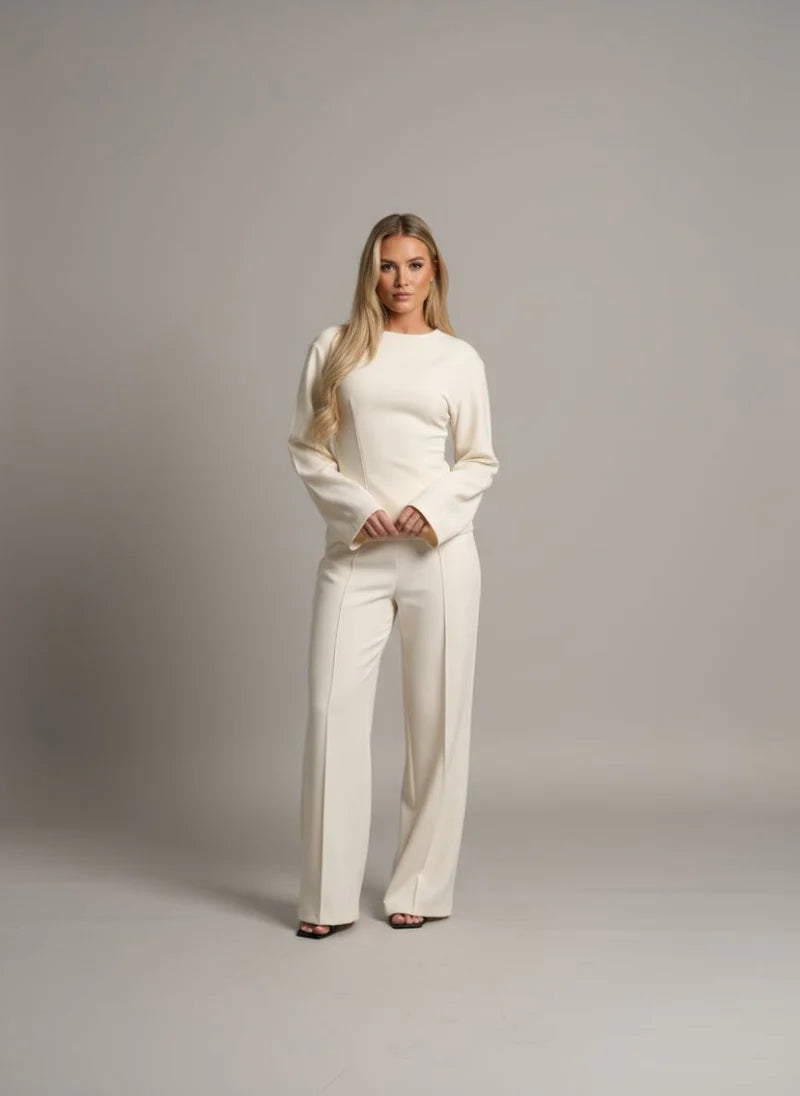 Women's Two Piece Set with Long Sleeve Top and Straight Leg Trousers