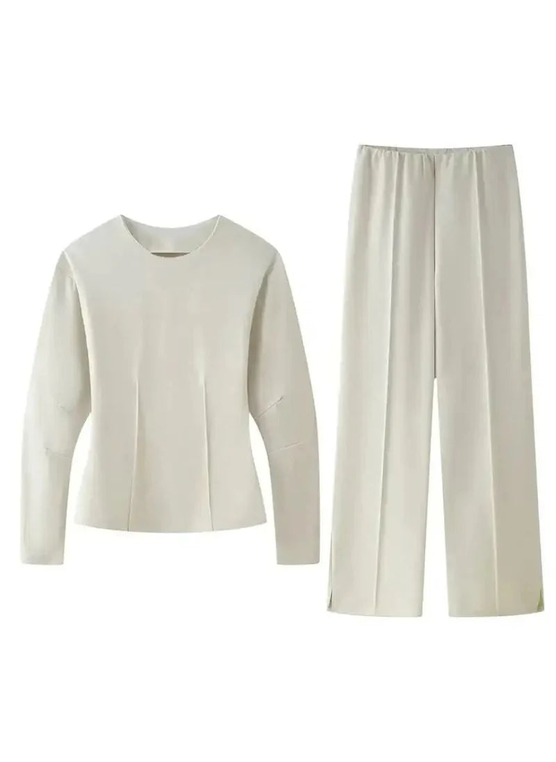Women's Two Piece Set with Long Sleeve Top and Straight Leg Trousers
