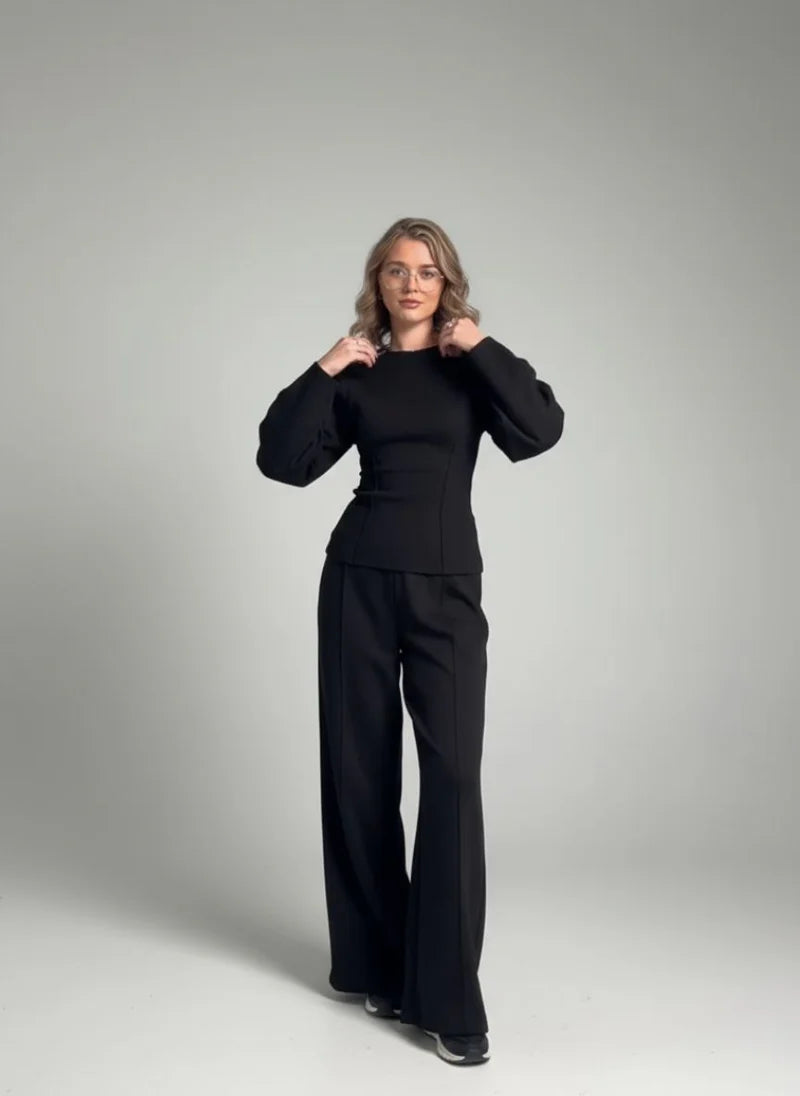 Women's Two Piece Set with Long Sleeve Top and Straight Leg Trousers