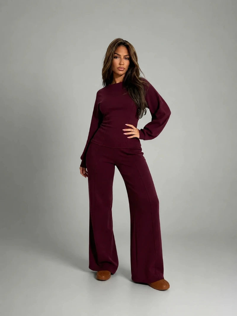 Women's Two Piece Set with Long Sleeve Top and Straight Leg Trousers