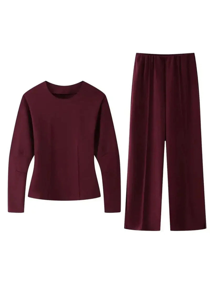 Women's Two Piece Set with Long Sleeve Top and Straight Leg Trousers