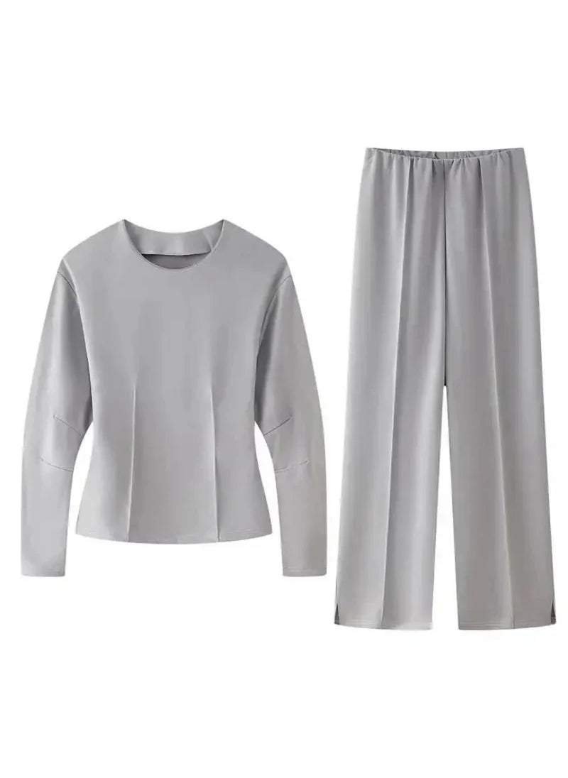 Women's Two Piece Set with Long Sleeve Top and Straight Leg Trousers