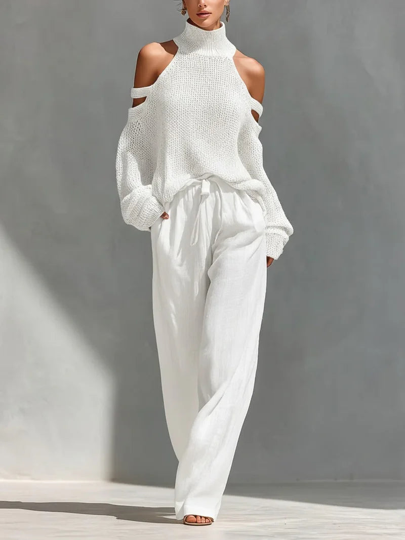 Women's Two Piece Set with Off Shoulder Knitted Top and Wide Leg Trousers