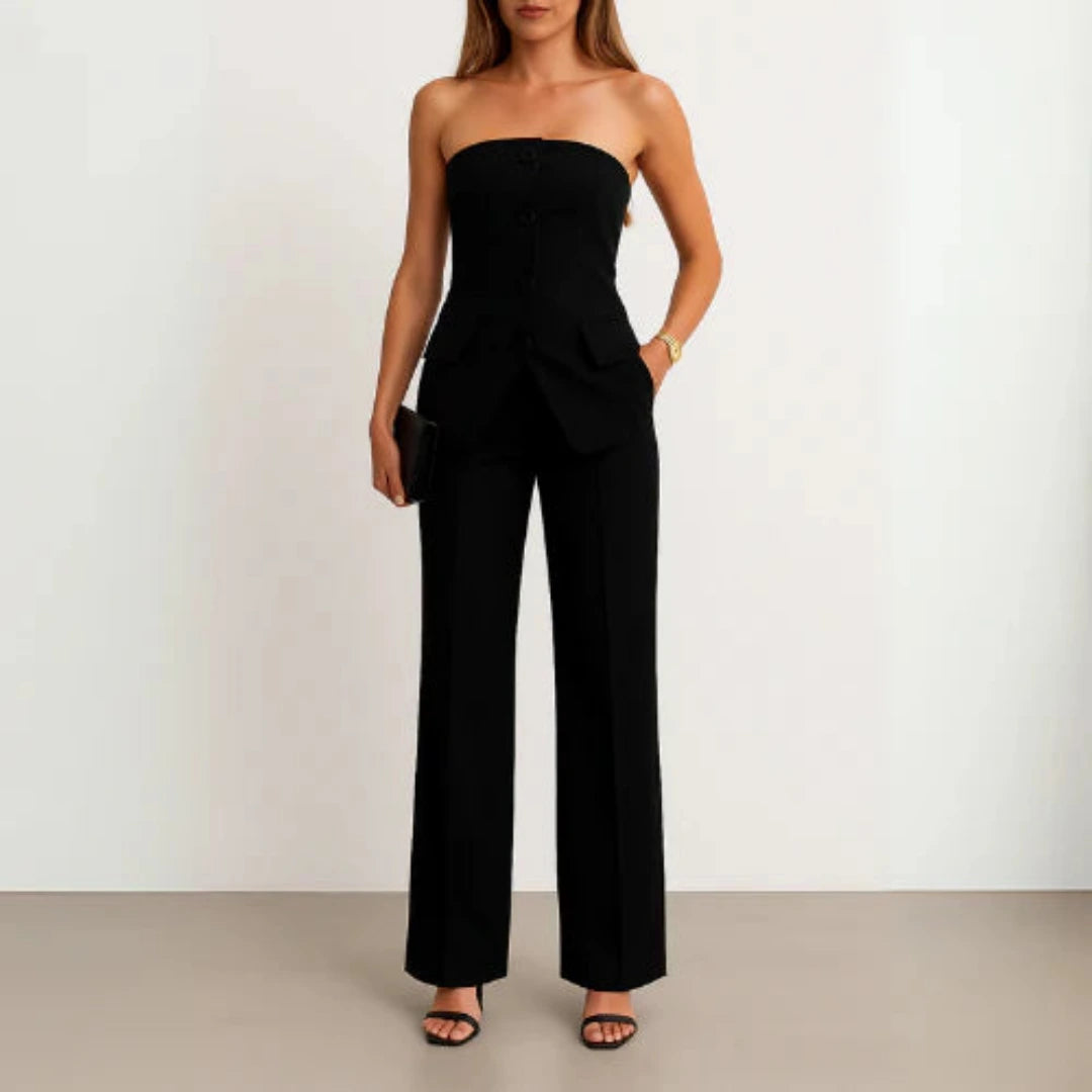 Women's Two Piece Set with Strapless Top and Straight Leg Trousers