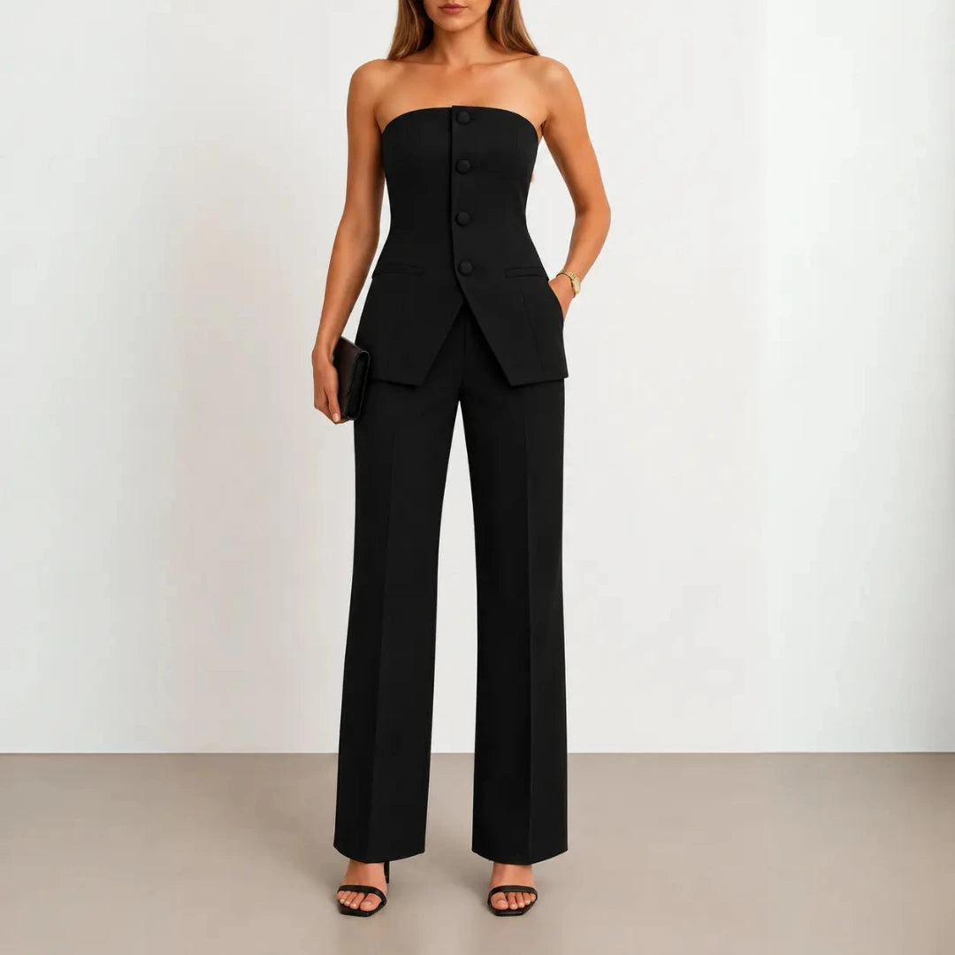 Women's Two Piece Set with Strapless Top and Straight Leg Trousers