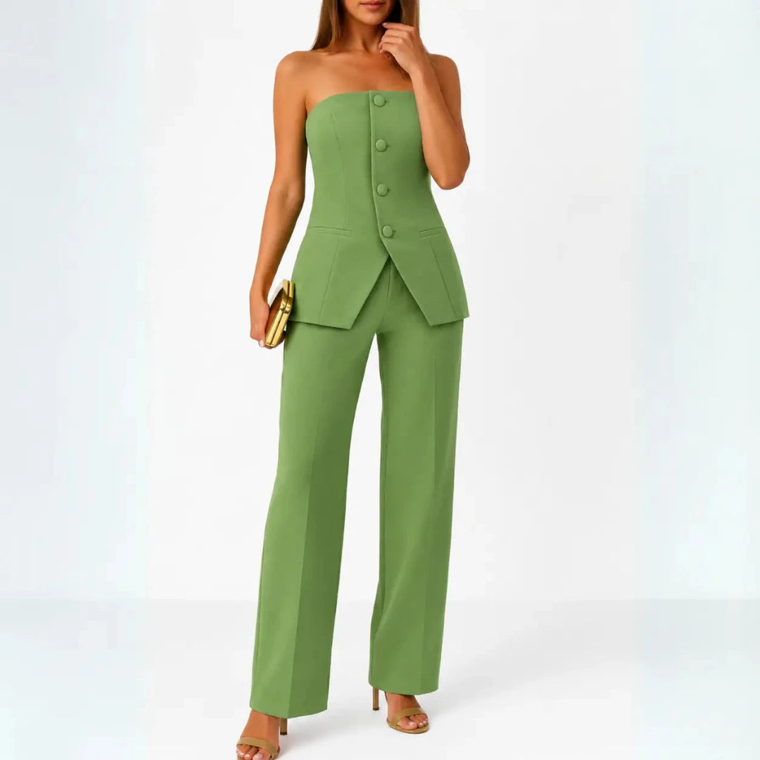 Women's Two Piece Set with Strapless Top and Straight Leg Trousers