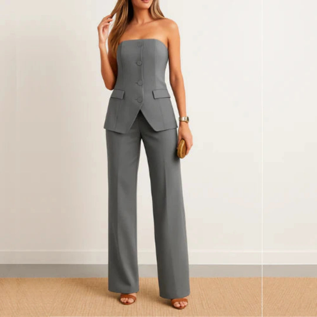 Women's Two Piece Set with Strapless Top and Straight Leg Trousers