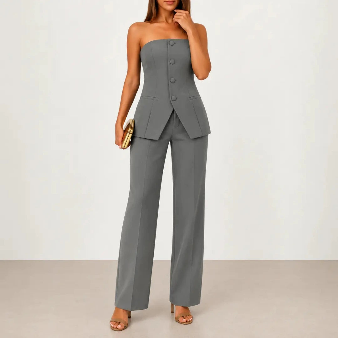 Women's Two Piece Set with Strapless Top and Straight Leg Trousers