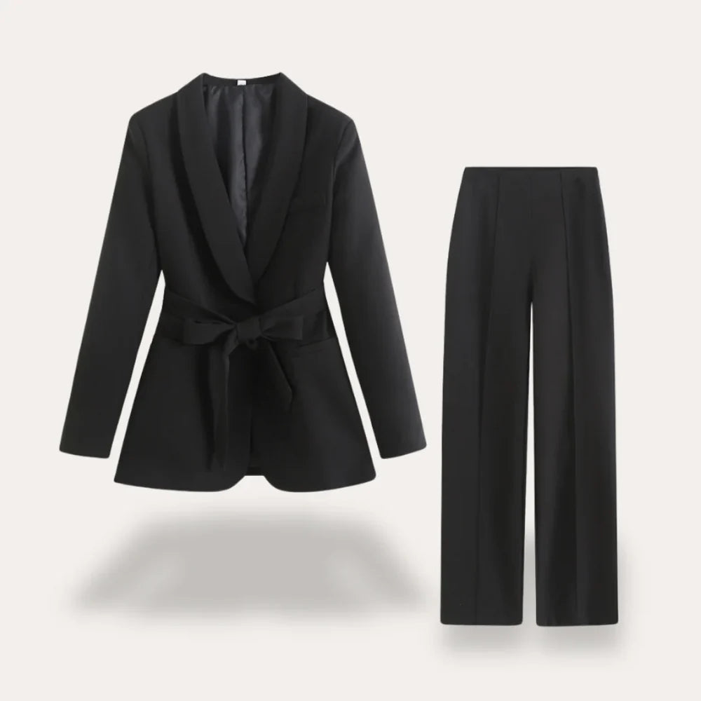 Women's Two Piece Set with Tie Waist Blazer and Straight Leg Trousers