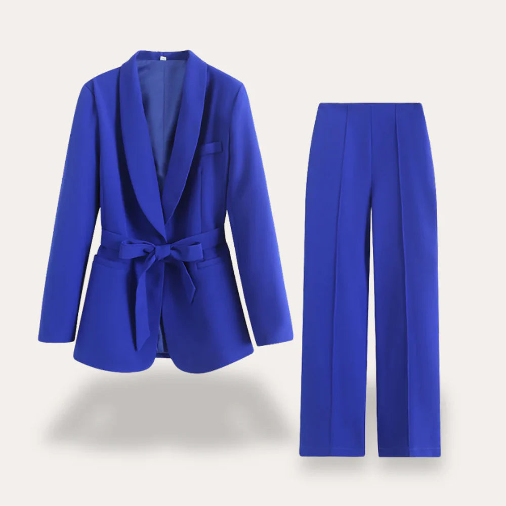 Women's Two Piece Set with Tie Waist Blazer and Straight Leg Trousers