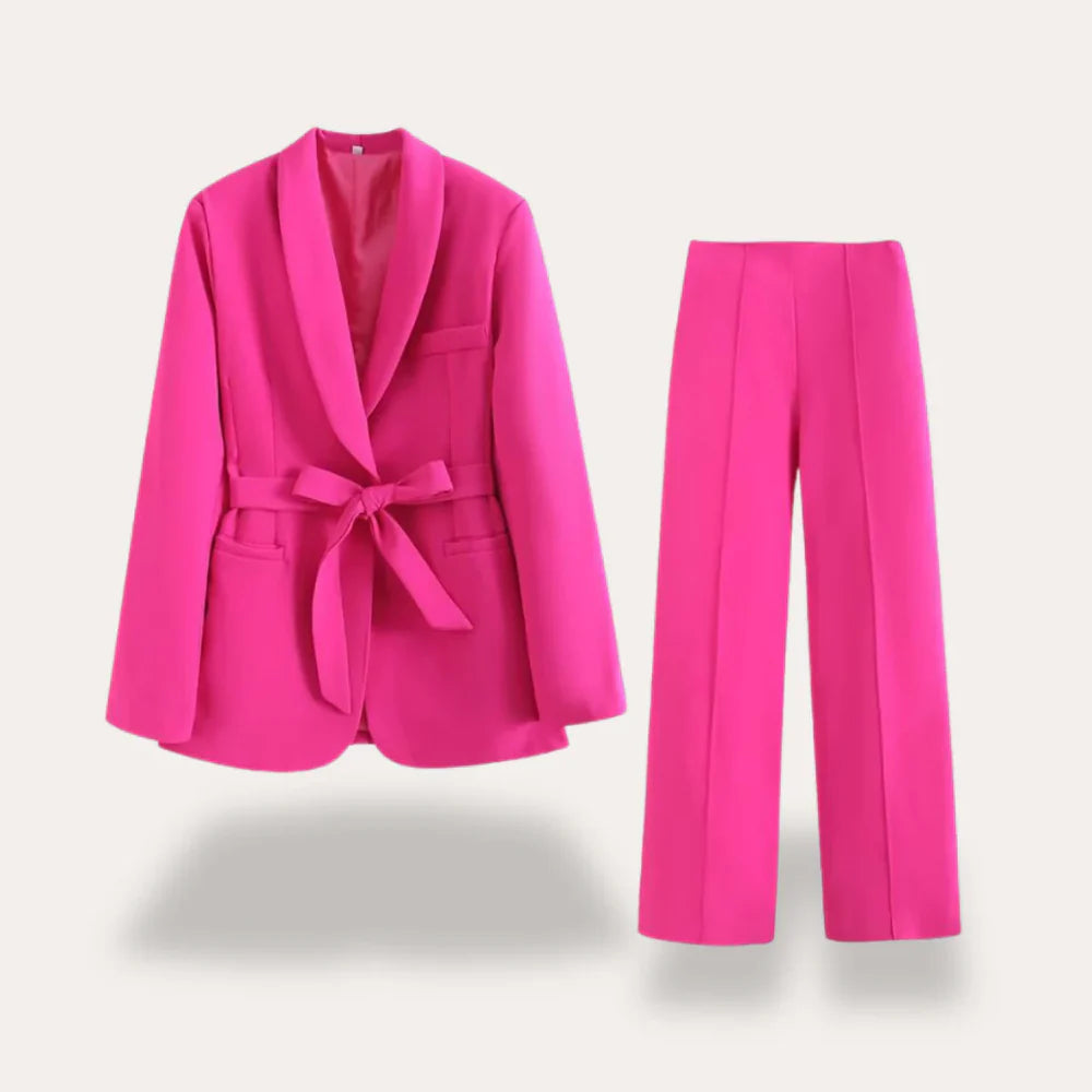 Women's Two Piece Set with Tie Waist Blazer and Straight Leg Trousers