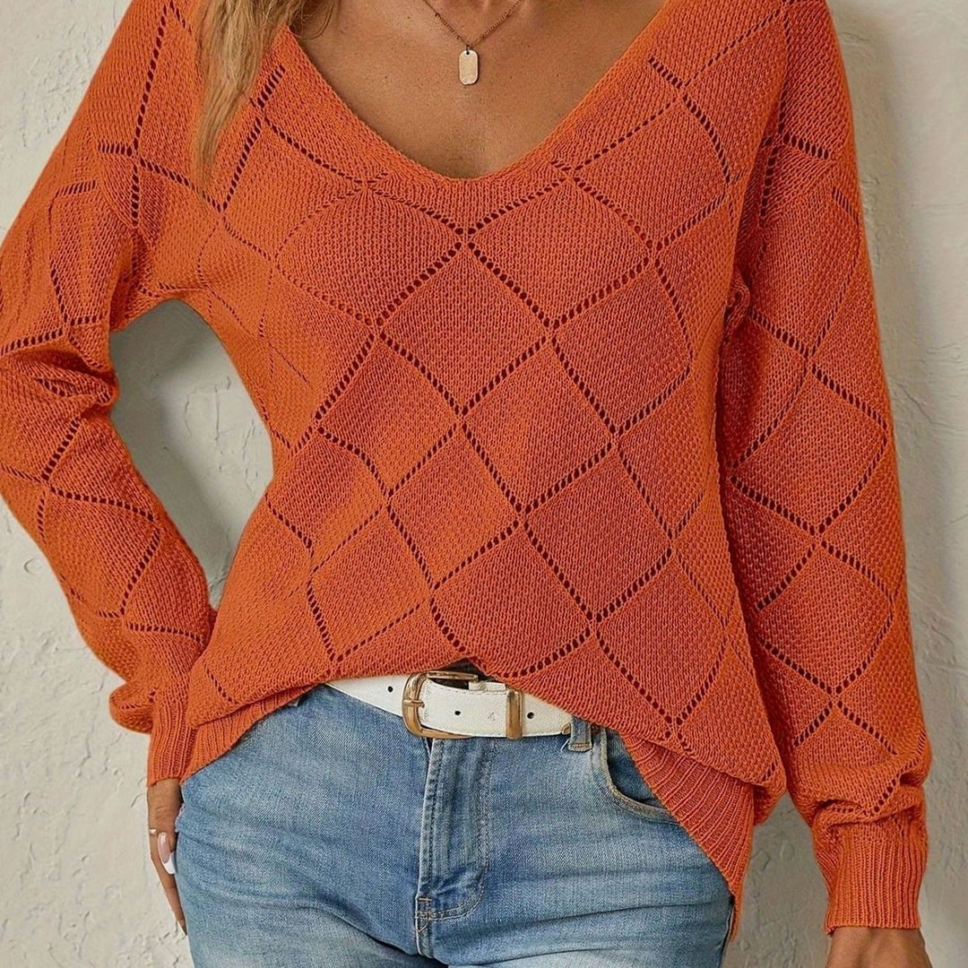 Women's V-Neck Diamond Openwork Knit Jumper