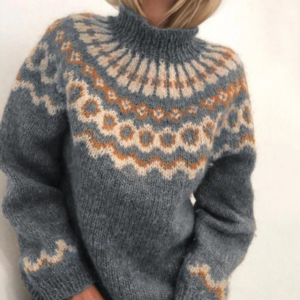 Women's High Neck Jumper with Nordic Pattern and Ribbed Cuffs