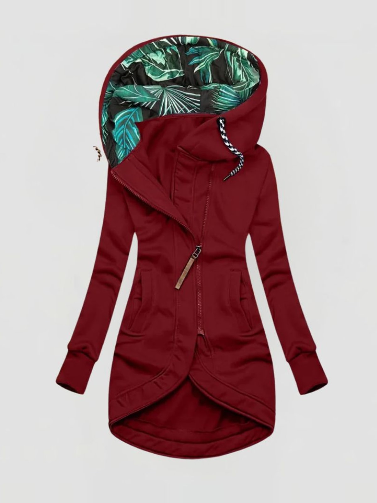 Women's Hooded Coat with Leaf Print Hood and Asymmetric Zip