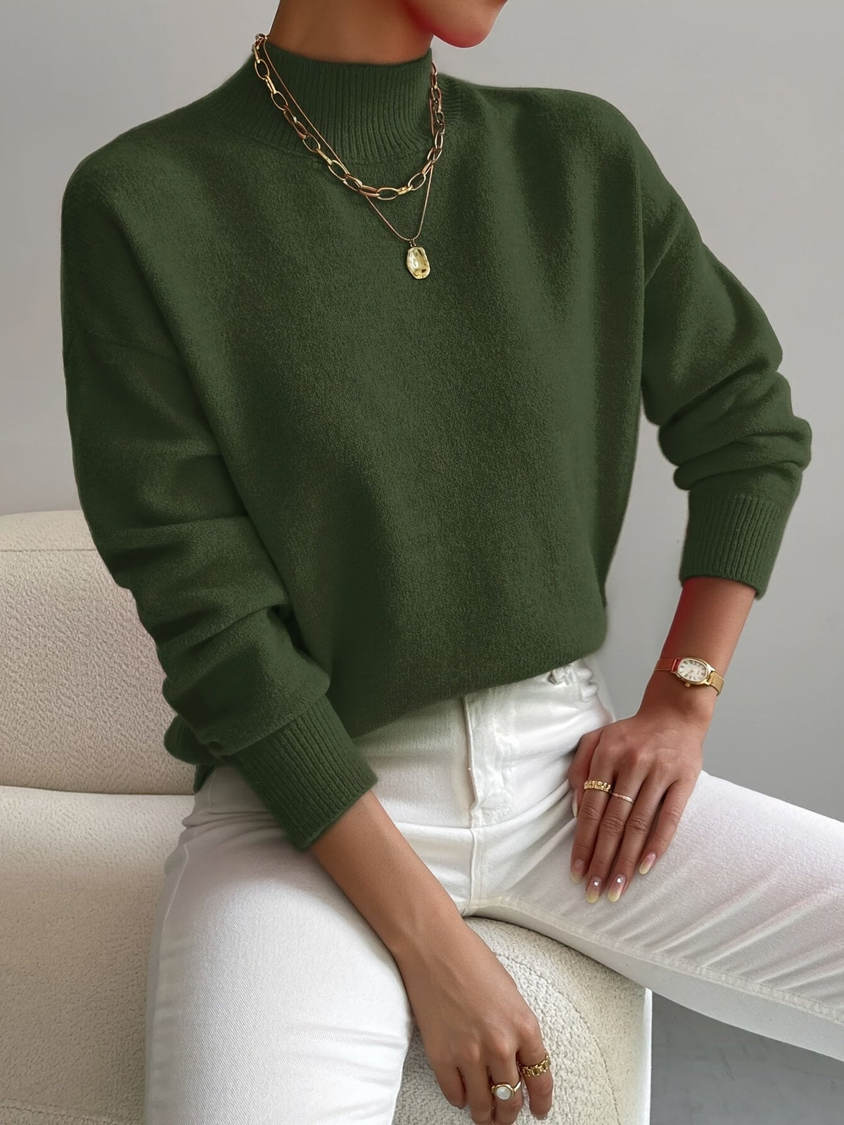 Women's Knit Jumper with High Neck and Ribbed Cuffs