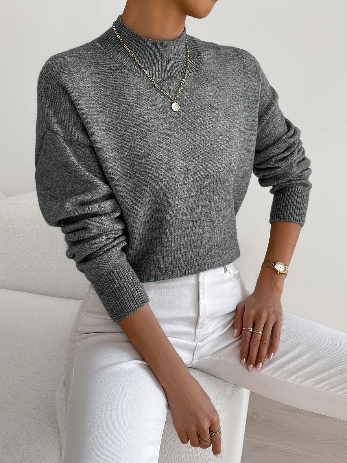 Women's Knit Jumper with High Neck and Ribbed Cuffs